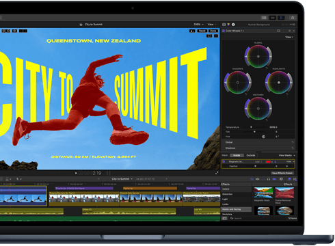 Częściowo widoczny ekran MacBooka Air wyświetlający proces montażu wideo, który demonstruje możliwości czipa M5