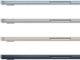 Pokazane bokiem cztery MacBooki Air w czterech różnych kolorach