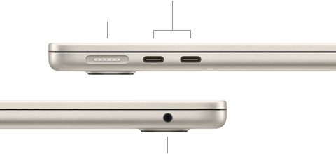 Zamknięty MacBook Air, pokazany z lewego boku, gdzie widać port MagSafe i dwa porty Thunderbolt, oraz z prawego, gdzie widać gniazdo słuchawkowe