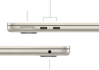 Zamknięty MacBook Air, pokazany z lewego boku, gdzie widać port MagSafe i dwa porty Thunderbolt, oraz z prawego, gdzie widać gniazdo słuchawkowe