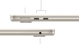 Zamknięty MacBook Air, pokazany z lewego boku, gdzie widać port MagSafe i dwa porty Thunderbolt, oraz z prawego, gdzie widać gniazdo słuchawkowe