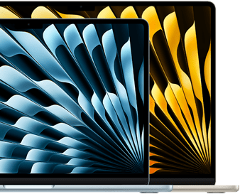 Dwa laptopy MacBook Air demonstrujące różnicę rozmiaru wyświetlaczy, 13,6 cala i 15,3 cala, mierzonych po przekątnej