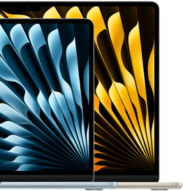 Dwa laptopy MacBook Air demonstrujące różnicę rozmiaru wyświetlaczy, 13,6 cala i 15,3 cala, mierzonych po przekątnej