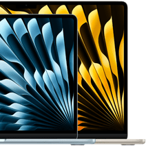Dwa laptopy MacBook Air demonstrujące różnicę rozmiaru wyświetlaczy, 13,6 cala i 15,3 cala, mierzonych po przekątnej