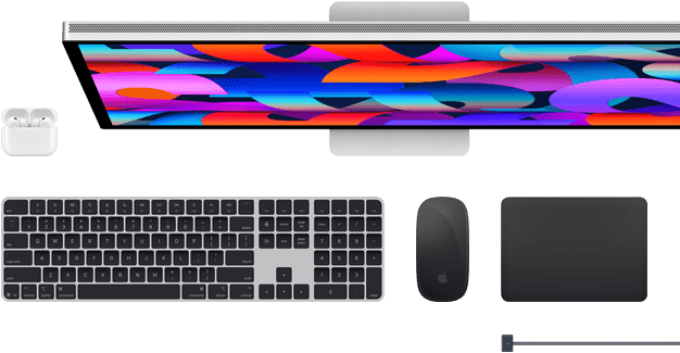 Akcesoria do Maca: AirPods, Studio Display, Magic Keyboard, Magic Mouse, Magic Trackpad, przewód ładujący MagSafe