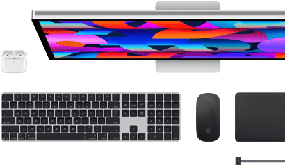 Akcesoria do Maca: AirPods, Studio Display, Magic Keyboard, Magic Mouse, Magic Trackpad, przewód ładujący MagSafe