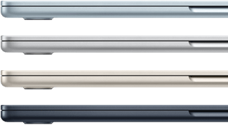 Cztery MacBooki Air w czterech różnych kolorach widziane z boku