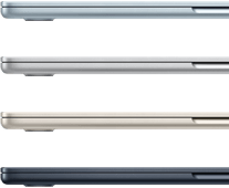 Cztery MacBooki Air w czterech różnych kolorach widziane z boku