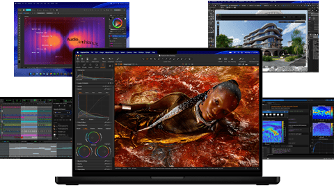 Liczne kolorowe treści na ekranie – od produkcji muzyki, przez projektowanie graficzne i animację 3D, po edycję zdjęć – ukazujące niesamowitą wydajność grafiki Maca