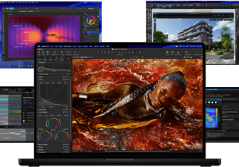 Liczne kolorowe treści na ekranie – od produkcji muzyki, przez projektowanie graficzne i animację 3D, po edycję zdjęć – ukazujące niesamowitą wydajność grafiki Maca