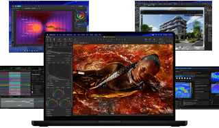 Liczne kolorowe treści na ekranie – od produkcji muzyki, przez projektowanie graficzne i animację 3D, po edycję zdjęć – ukazujące niesamowitą wydajność grafiki Maca