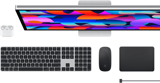 Akcesoria do Maca: Airpods, monitor Studio Display, klawiatura Magic Keyboard, mysz Magic Mouse, gładzik Magic Trackpad, przewód do ładowania MagSafe w kolorze gwiezdnej czerni