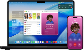 MacBook Pro i iPhone 16 Plus, otwarta aplikacja Telefon, ten sam kontakt wyświetlony na obu ekranach