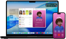 MacBook Pro i iPhone 16 Plus, otwarta aplikacja Telefon, ten sam kontakt wyświetlony na obu ekranach