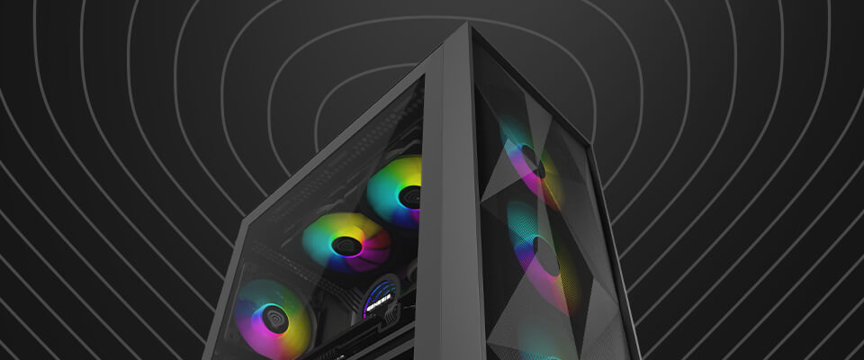 Obudowa komputera z wentylatorami RGB na ciemnym tle z wzorem