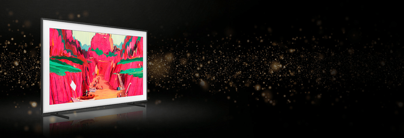 Telewizor pokazany na czarnym tle z ekranem w białym obramowaniu i wyrazistym, czerwonym obrazem.