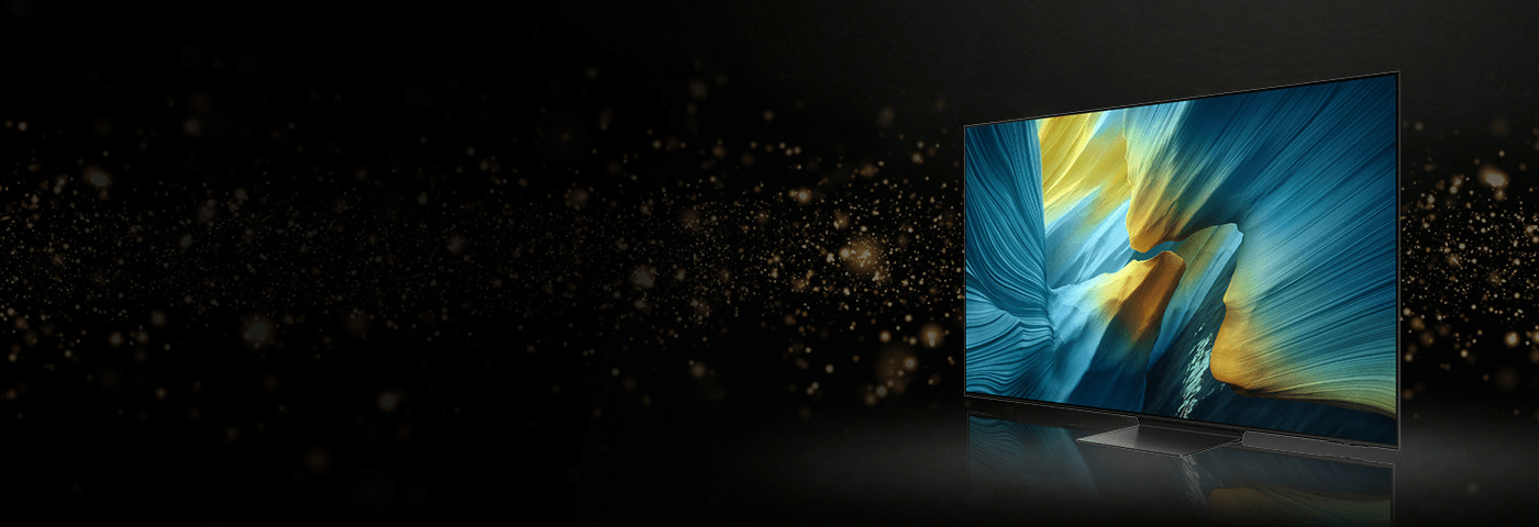 Telewizor z ekranem w niebiesko-żółtych kolorach stojący na czarnym tle ze złotymi elementami.