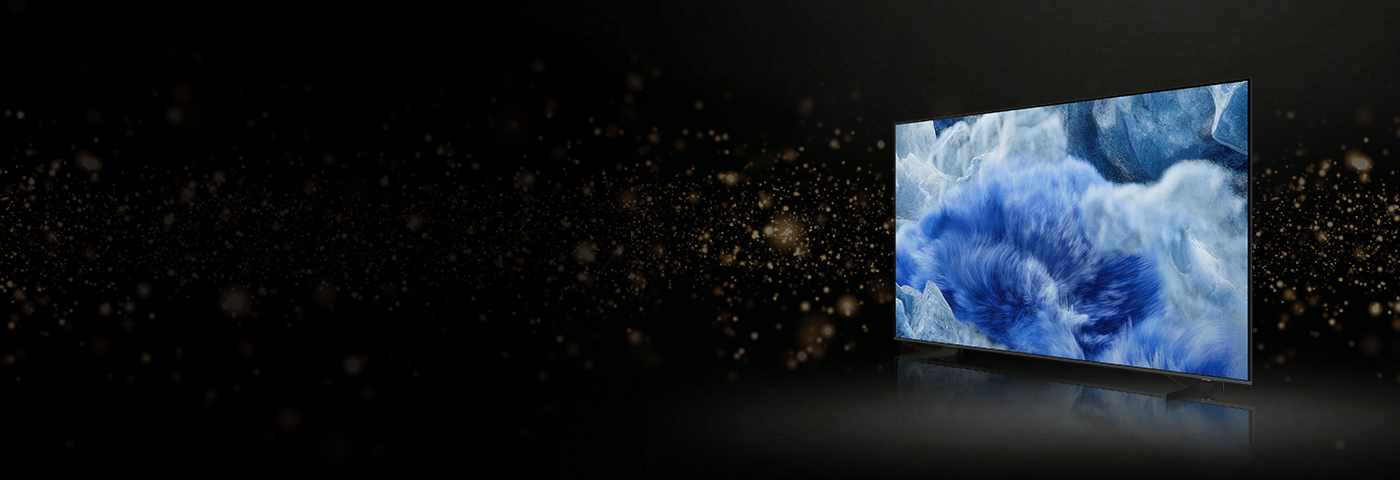 Telewizor plazmowy pokazany od lewego boku z niebieskim obrazem na ekranie.