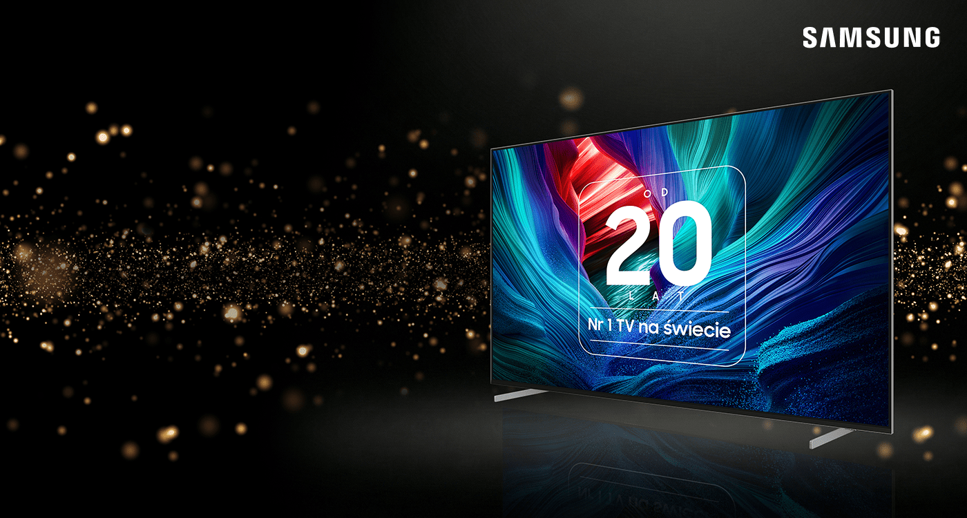 Telewizor stojący z ukosa na czarnym tle, na ekranie którego jest napis „Od 20 lat nr 1 TV na świecie”.