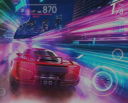 Obraz ścigającego się po mieście czerwonego samochodu z futurystycznej gry wyścigowej.