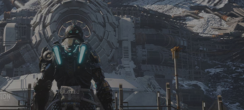 Żołnierz w futurystycznej zbroi z niebieskimi światłami stojący naprzeciwko statku kosmicznego.