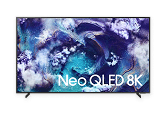 Ekran telewizora w pastelowych, jasno-fioletowych odcieniach z napisem „Neo QLED 8K