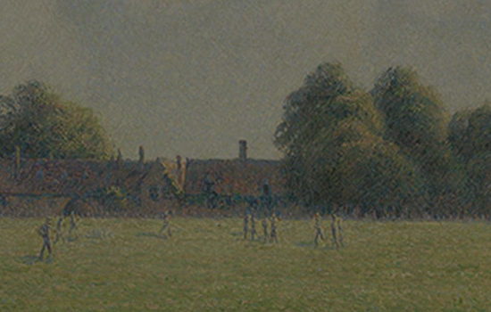 Pastelowy obraz drzew i zielonego boiska, po którym biegają ludzie.