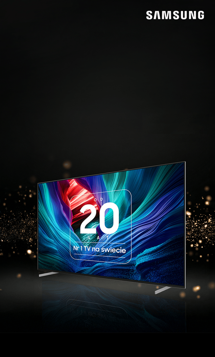 Telewizor stojący z ukosa na czarnym tle, na ekranie którego jest napis „Od 20 lat nr 1 TV na świecie”.