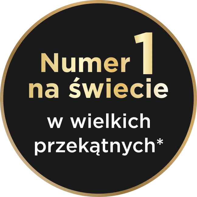 Czarny okrąg ze złotą obwódką i napisem: Numer 1 na świecie w wielkich przekątnych.