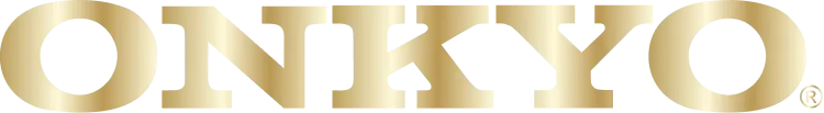 Eleganckie, złote logo audio marki Onkyo.
