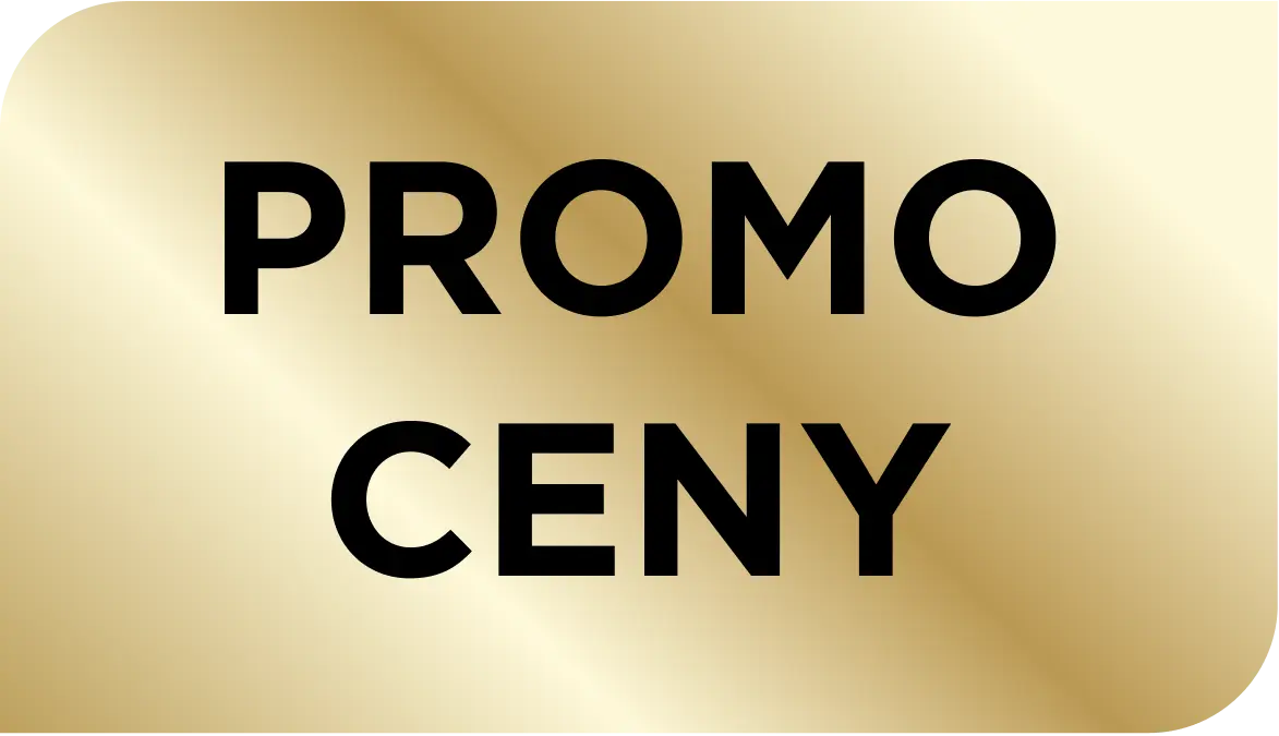Złoty, zaokrąglony przycisk z czarnym napisem promo ceny na metalicznym tle z połyskiem.