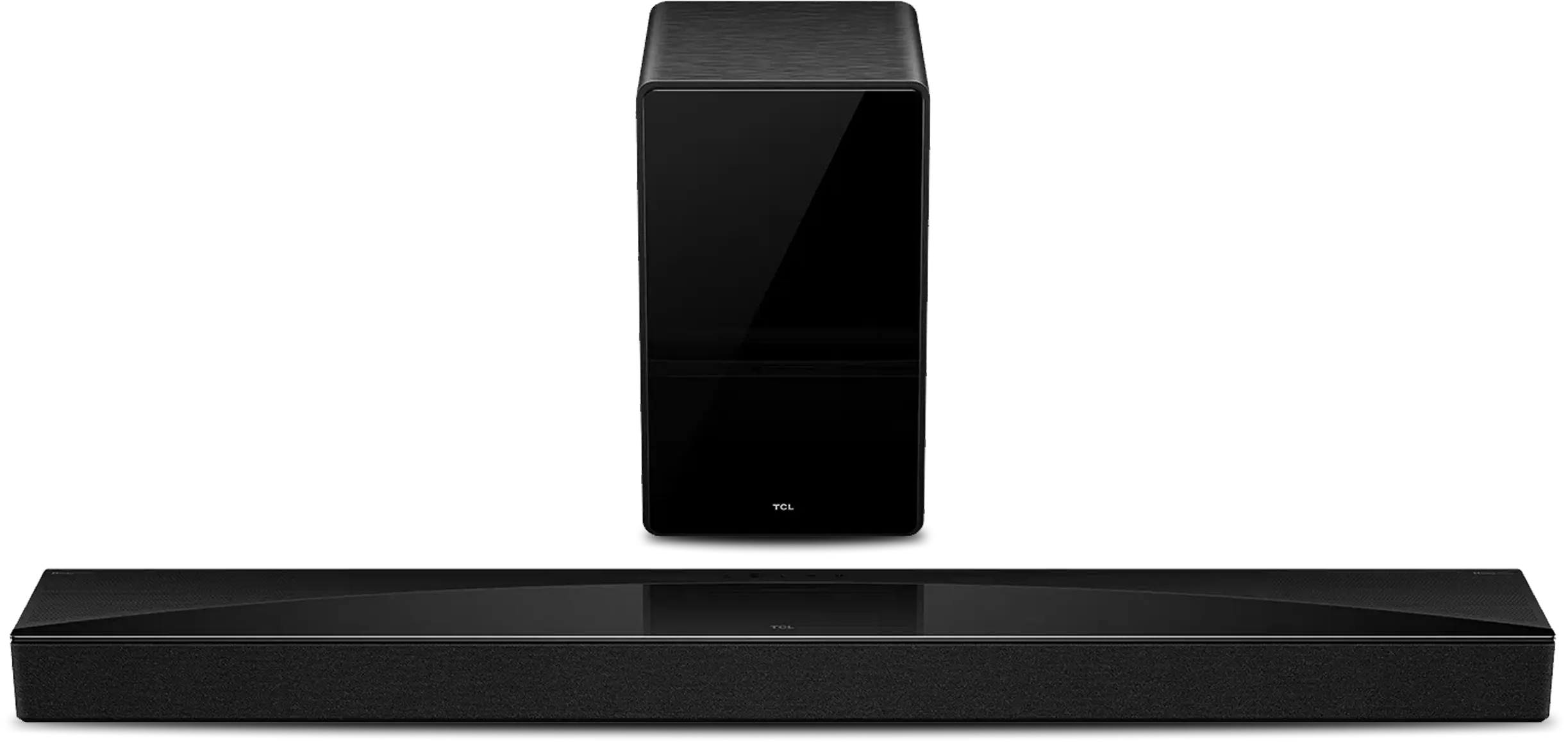 Czarny zestaw audio q75 składający się z długiej listwy głośnikowej oraz pionowego subwoofera.