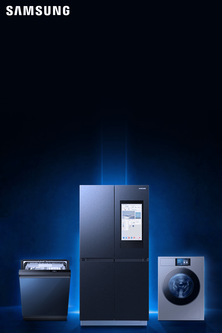 Nowoczesne urządzenia AGD Samsung – lodówka, pralka i zmywarka na niebieskim tle, hasło „Jakość napędzana innowacją”.