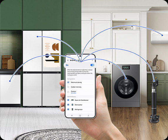 Aplikacja SmartThings i urządzenia Samsung z trybem AI Energy Mode do inteligentnego zarządzania energią.