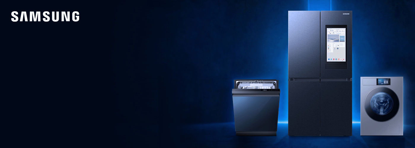 Nowoczesne urządzenia AGD Samsung – lodówka, pralka i zmywarka na niebieskim tle, hasło „Jakość napędzana innowacją”.