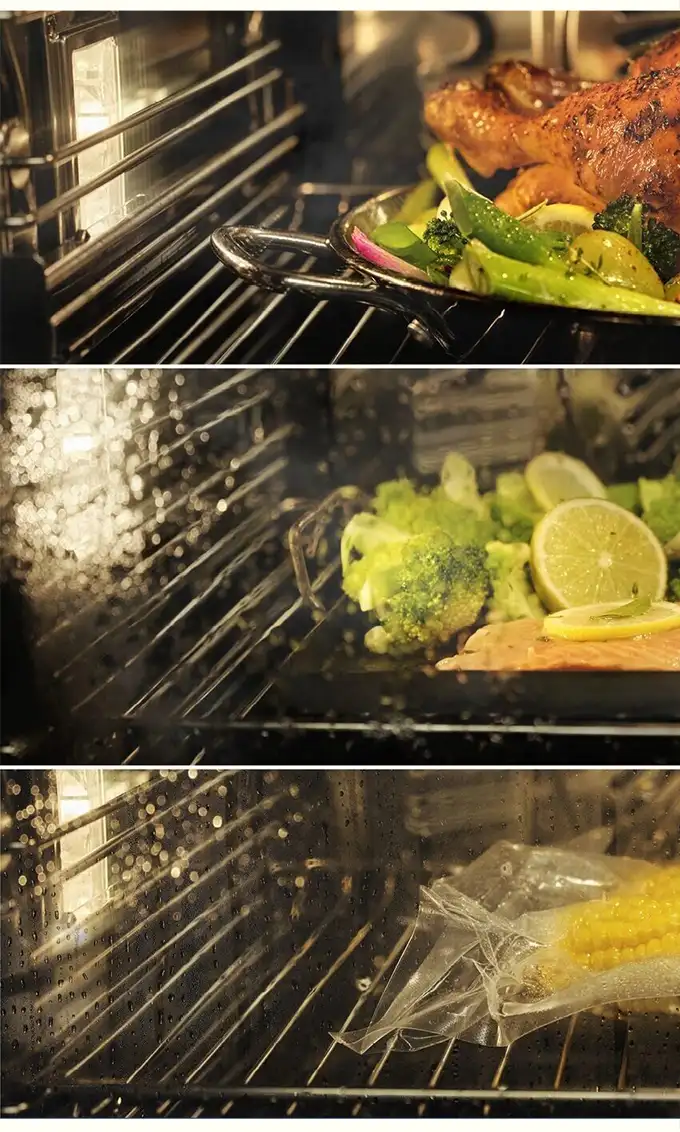 Wnętrze piekarnik z różnymi rodzajami zastosowanej pary.