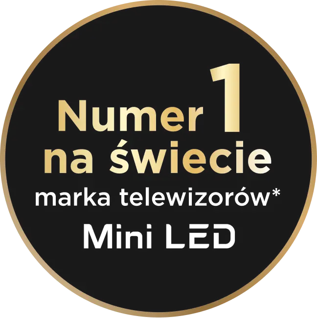 Okrągły logotyp z napisem: Numer 1 na świecie marka telewizorów Mini Led na czarnym tle.