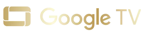 Złote logo Google Tv przedstawiające ikonę ekranu obok napisu Google Tv.