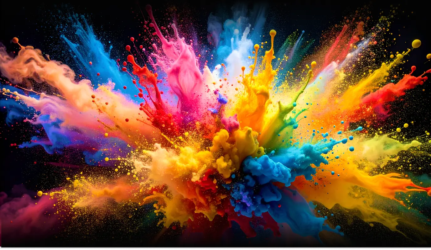 Eksplozja kolorowych farb w odcieniach błękitu, różu i żółci na głębokim, czarnym tle.