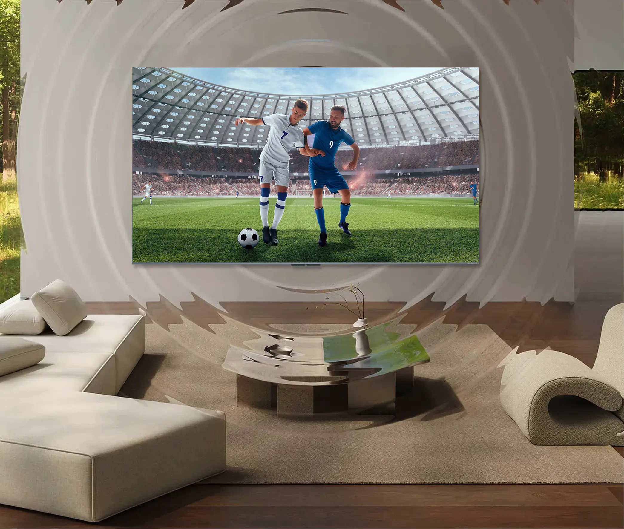 Nowoczesny jasny pokój z tv wyświetlającym mecz i artystycznymi falami dźwięku na ścianach.