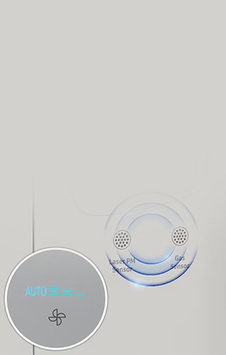 Dwa czujniki na obudowie białego oczyszczacza powietrza z aktywnym wyświetlaczem na okrągłej apli.