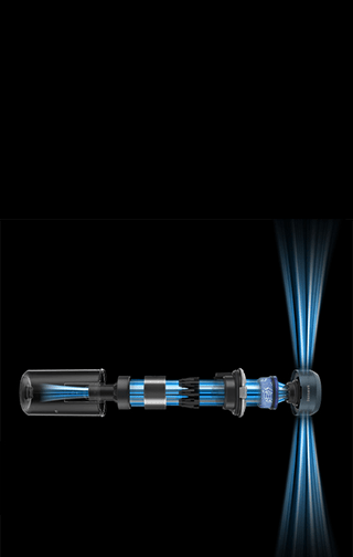 Filtr odkurzacza z niebieskimi liniami wewnątrz i na zewnątrz, symbolizującymi przepływ powietrza.