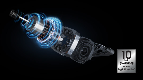Silnik Digital Inverter z jedną wirującą częścią, znajdujący się na czarnym tle.