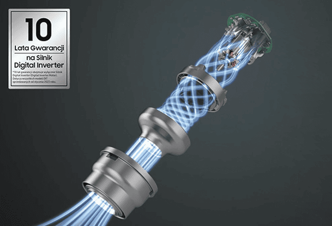 Silnik HexaJet ze zwizualizowanym przepływem powietrza wewnątrz niego na szarym tle.