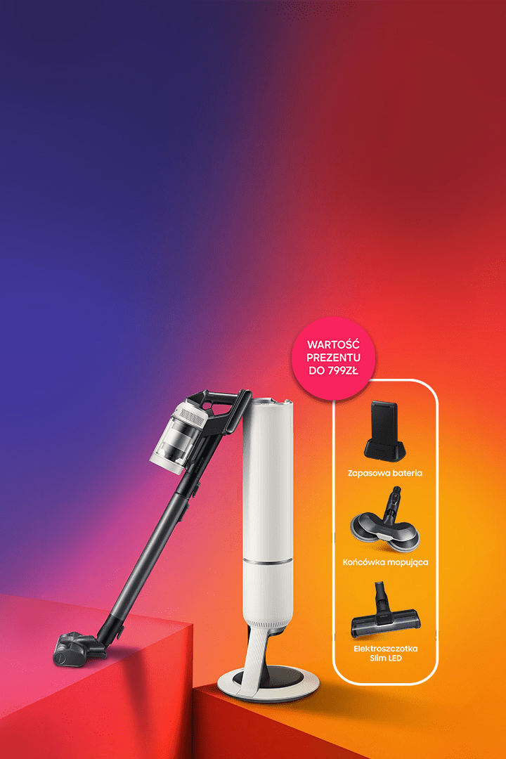 Odkurzacz bezprzewodowy ze stacją czyszczącą i akcesoriami na pomarańczowo-granatowym, gradientowym tle.