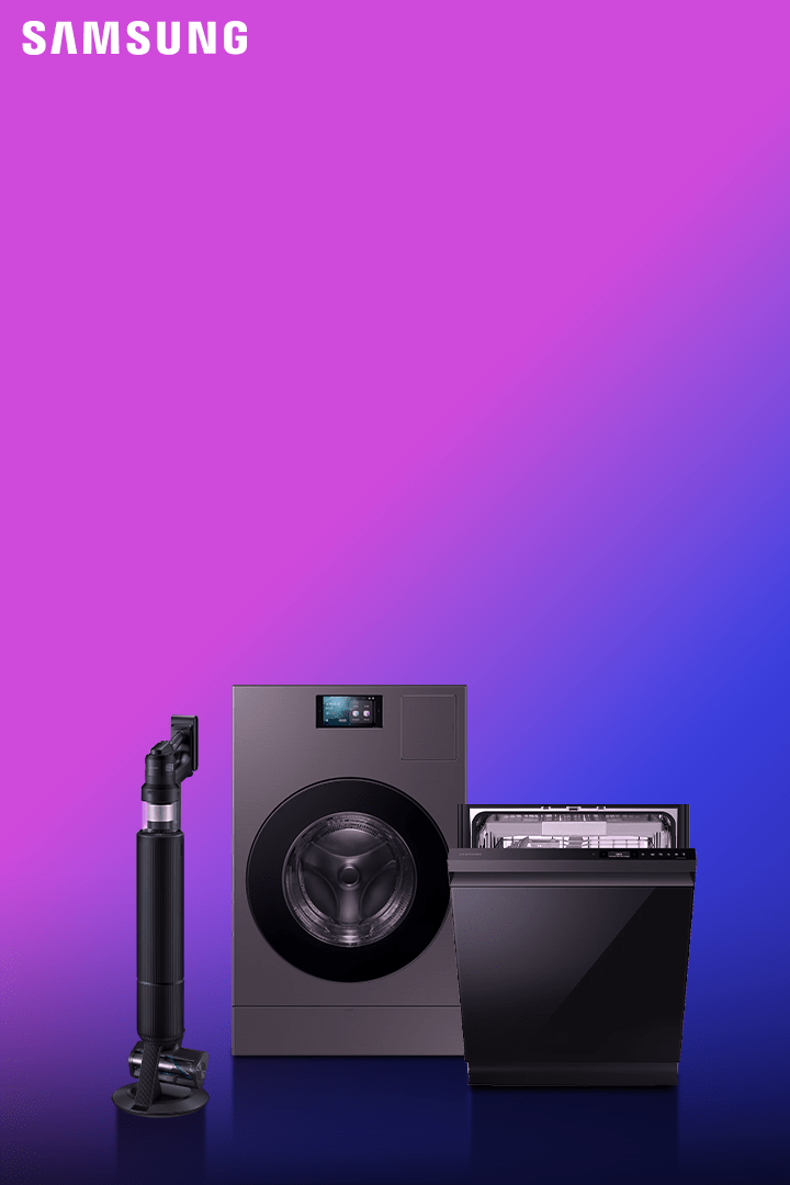 Odkurzacz, zmywarka i pralka pokazane od frontu na fioletowo-granatowym, gradientowym tle.