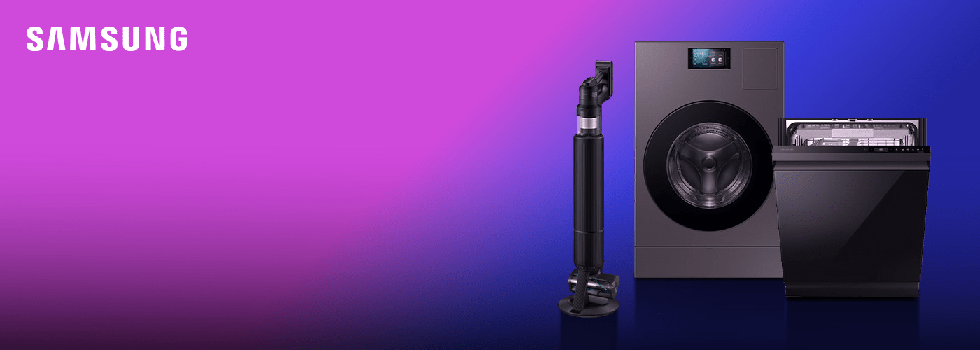 Odkurzacz, zmywarka i pralka pokazane od frontu na fioletowo-granatowym, gradientowym tle.