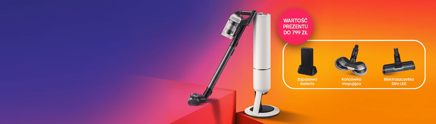 Odkurzacz bezprzewodowy ze stacją czyszczącą i akcesoriami na pomarańczowo-granatowym, gradientowym tle.