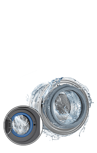 Bęben pralki z wodą wirującą wewnątrz i na zewnątrz. Obok w okrągłej apli otwarte drzwiczki od pralki.