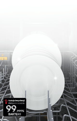 Pięć białych, czystych talerzy w różnych rozmiarach, stojących wewnątrz zmywarki.